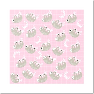 Cute Sloth Print on Pink Background Posters and Art